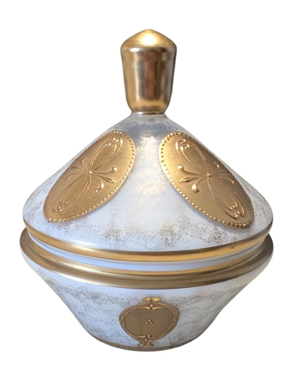 Imperlux Frosted Opaline Glass Lidded Dish Gilt Gold Antique Hollywood Regency